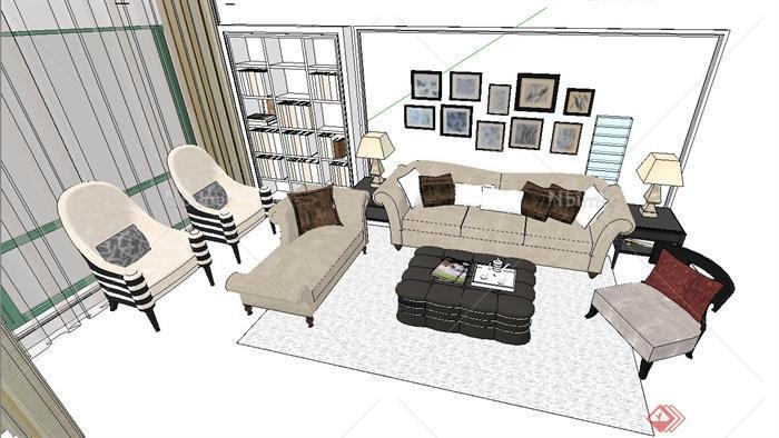 现代室内沙发、茶几、背景墙等组合设计SU模型