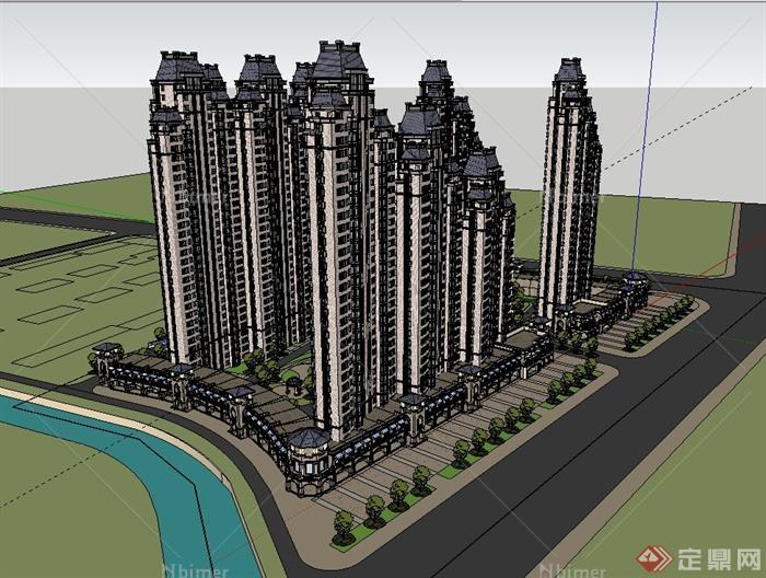 某新古典风格详细完整小区高层住宅建筑SU模型[原