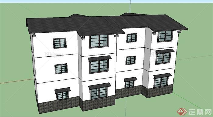 某三层现代中式坡屋面住宅建筑设计SU模型