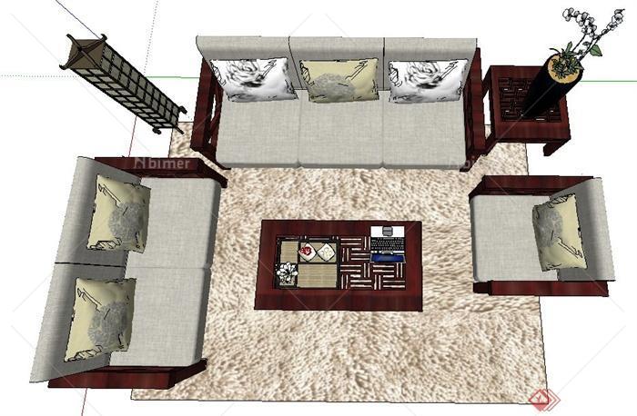 某现代中式风格沙发与茶几su模型