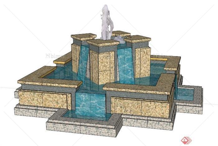 园林景观方形叠水池su模型