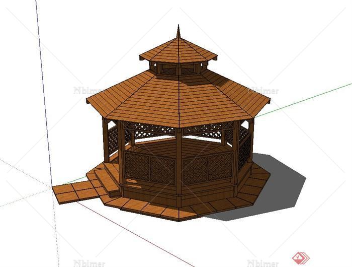 某现代风格重檐全木质凉亭设计su模型