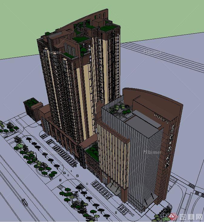 某商业城商住楼建筑设计SU模型（含两个方案）
