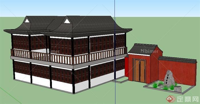 中式风格双层游客中心建筑设计su模型