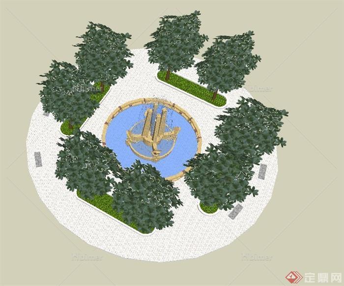 欧式喷泉水景设计su模型（含树池）[原创]