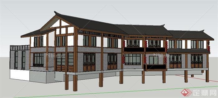现代中式滨水客栈建筑设计su模型