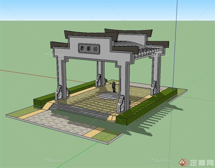 现代中式入口大门廊架设计SU模型[原创]