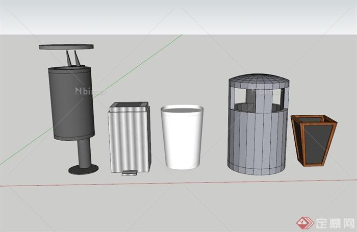 现代风格五个垃圾桶设计su模型[原创]