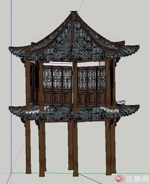 中式风格八角重檐亭su模型