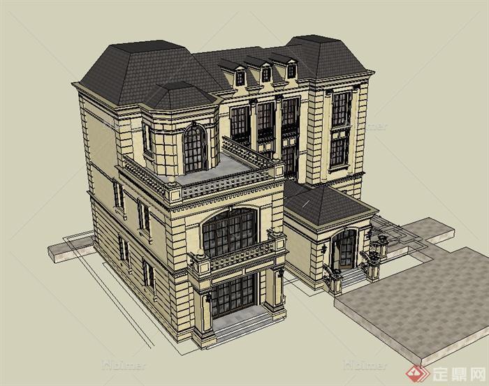某欧式风格详细精致独栋别墅建筑设计su模型[原创