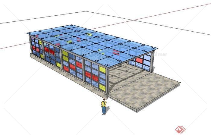 现代简约风格地下车库入口玻璃廊架设计su模型[原