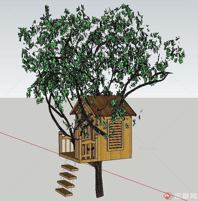 某单层木质树屋建筑设计SU模型