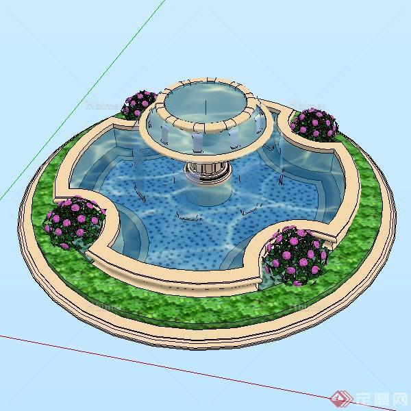 某欧式圆形喷泉水景跌水SU模型素材