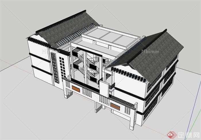 新中式风格校园教学楼建筑SU模型[原创]