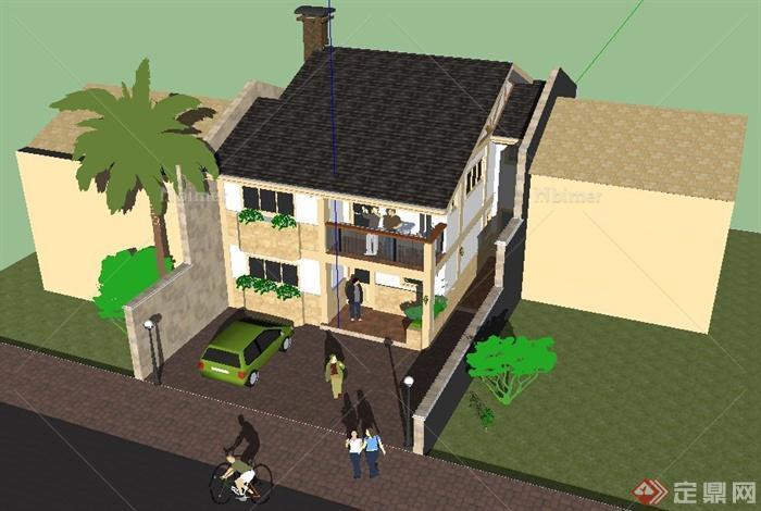 现代中式二层小别墅住宅建筑设计su模型