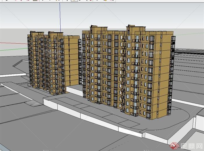 某现代风格多层一梯两户住宅楼建筑设计su模型[原