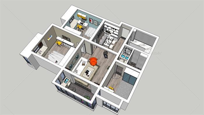 某两室两厅住宅装饰设计SU精细模型