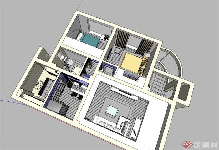 现代小户型两居室室内设计SU模型素材[原创]