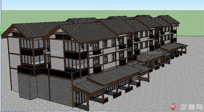 中式三层公寓住宅楼建筑设计su模型[原创]