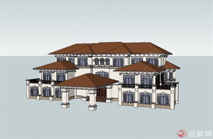 某欧式风格详细精致大型别墅建筑设计SU模型[原创