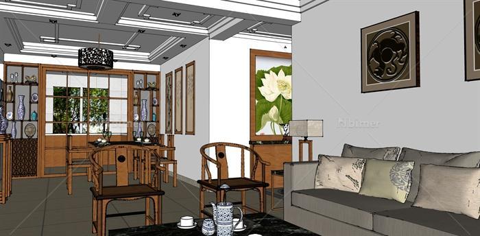 现代中式风格详细精致室内空间住宅装设计su模型