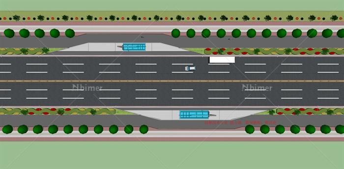 学生作业道路与公交停靠站绿化景观设计su模型、