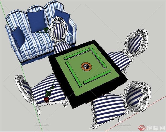 欧式风格麻将桌椅及沙发su模型