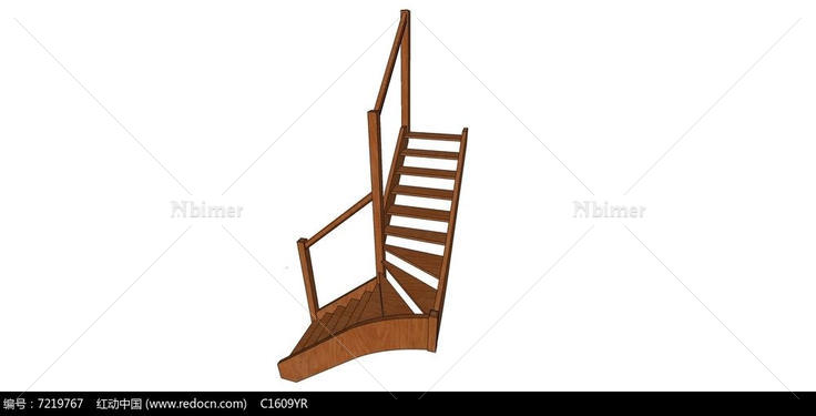 实木直角型楼梯SU模型