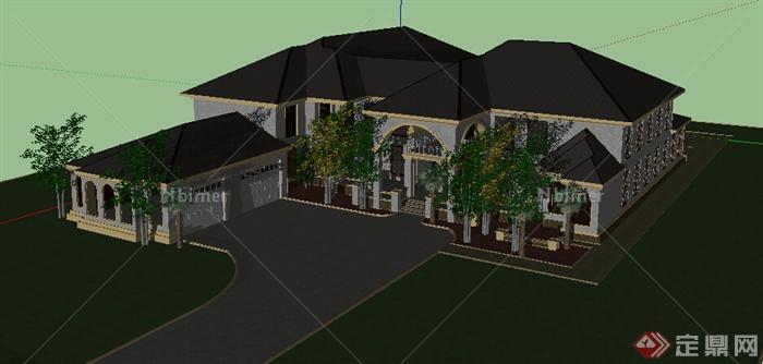 新古典风格两层别墅带游泳池建筑设计SU模型
