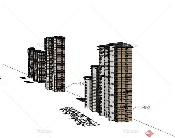 四栋不同的新古典风格高层住宅建筑SU模型[原创]