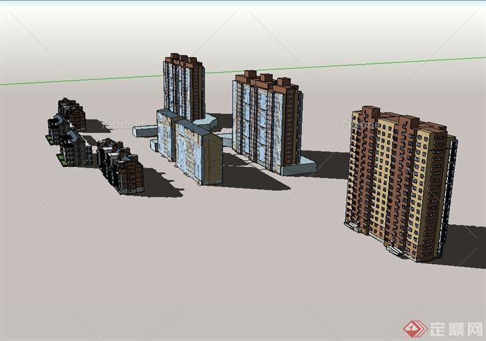 现代风格多层及高层不同的住宅楼建筑SU模型[原创