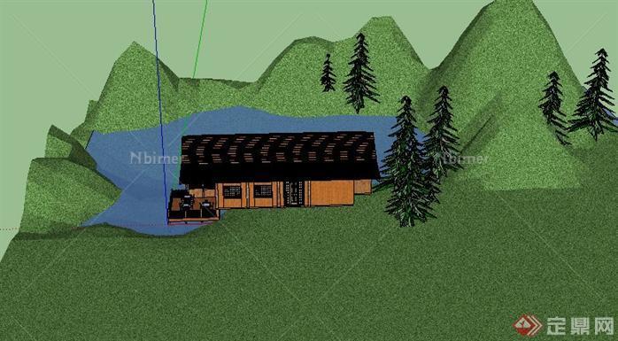 某山间湖边茶室建筑设计SU模型