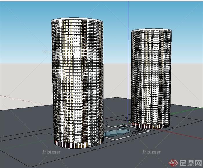 现代风格两栋圆柱形高层住宅楼建筑设计su模型[原