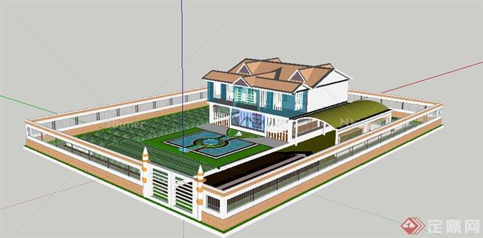 某现代风格带庭院别墅住宅建筑设计方案SU模型