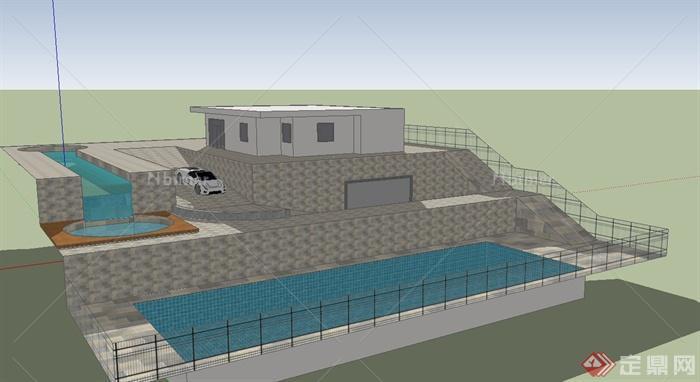 现代某单层带游泳池住宅建筑设计SU模型