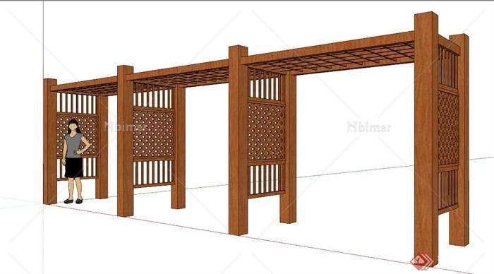 现代中式简洁木制廊架设计su模型