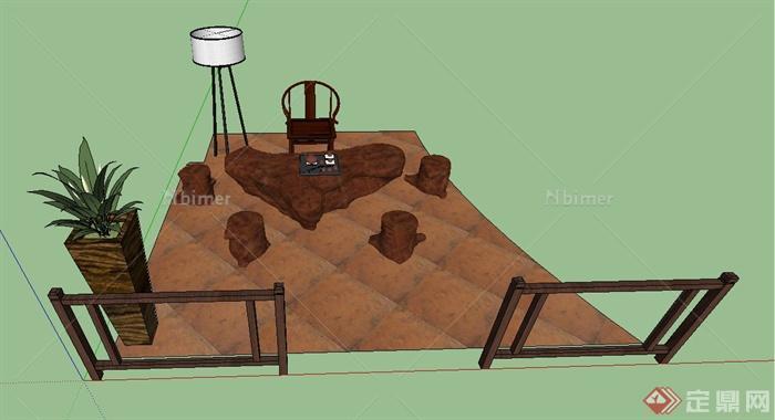 中式室内木茶桌凳设计SU模型