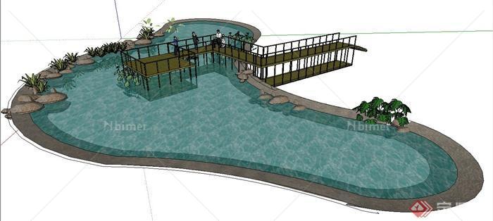 现代景观水池及木平台su模型
