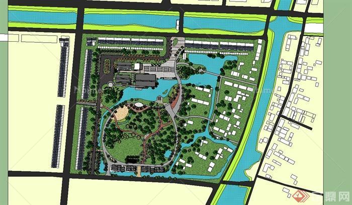 某现代中式吴滩滨水公园规划设计su模型（含建筑