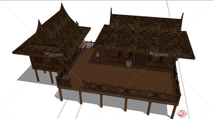 东南亚两栋单层高脚住宅建筑设计SU模型