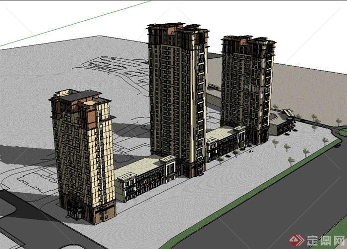 新古典风格沿街高层商住建筑设计su模型[原创]