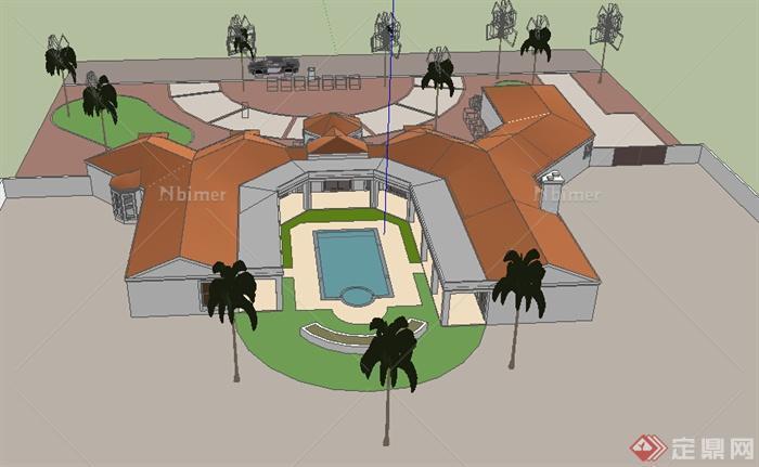 某欧式自建住宅建筑带游泳池设计su模型
