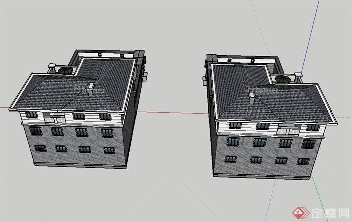 带庭院中式别墅建筑设计SU模型