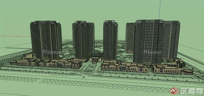 某现代市中心小区住宅高层建筑设计SU模型