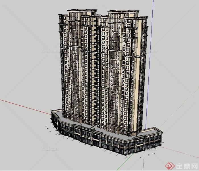 新古典风格高层商业住宅小区建筑楼设计SU模型[原