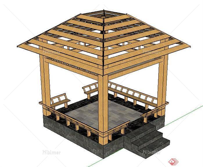 一个古典中式风格四角木构景观亭SU模型素材