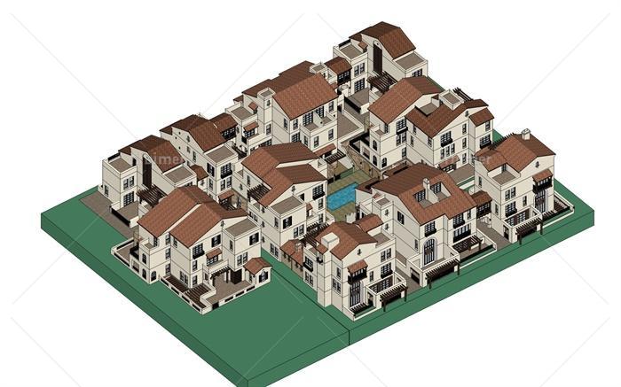 西班牙风格别墅建筑群设计su模型[原创]