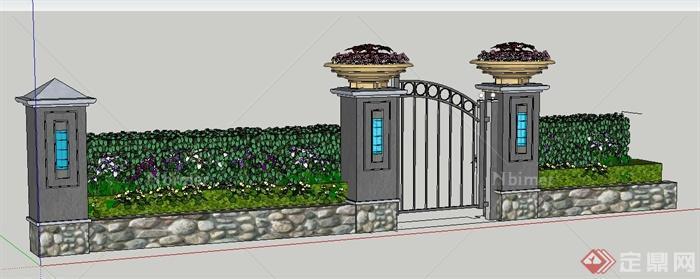 现代风格庭院门及篱笆墙su模型