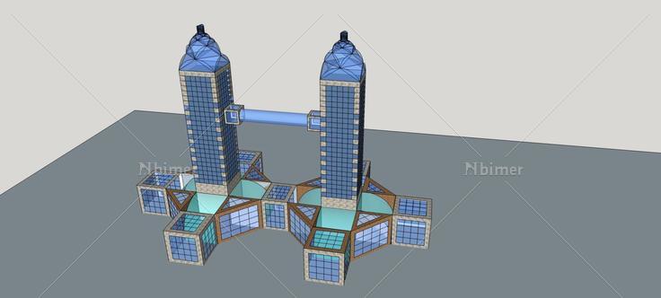 现代双塔式高层办公楼(80037)su模型下载
