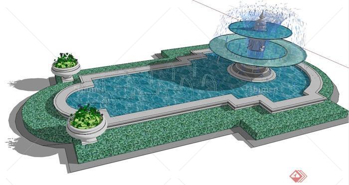 现代风格景观喷泉水池su模型